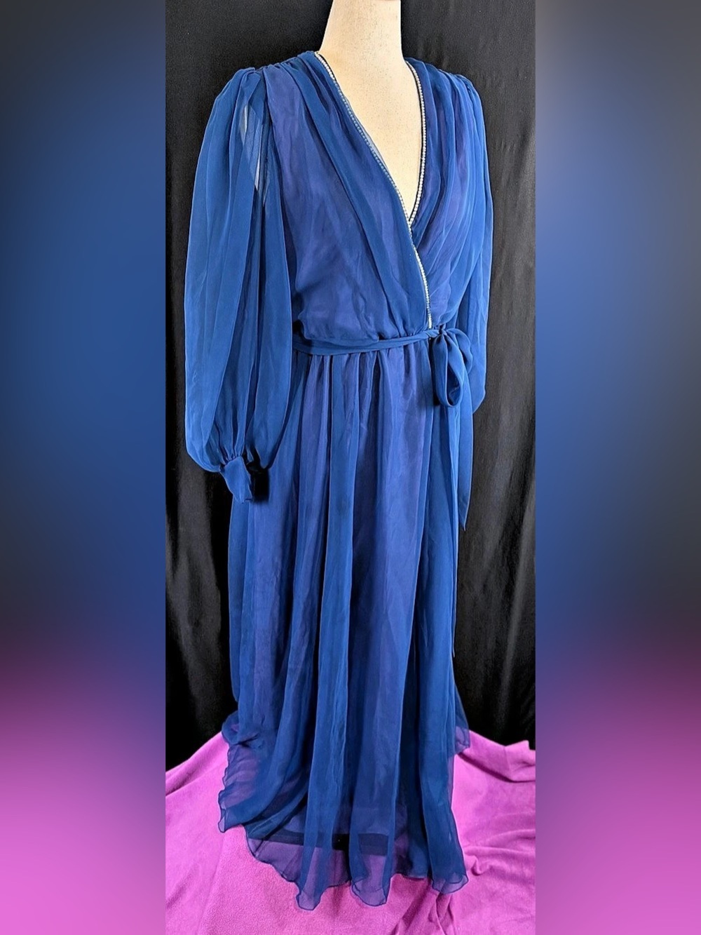 VTG 70’s 80’s Emma Domb Blue Purple Maxi Dress Size 14 Union Made Dynasty flowy